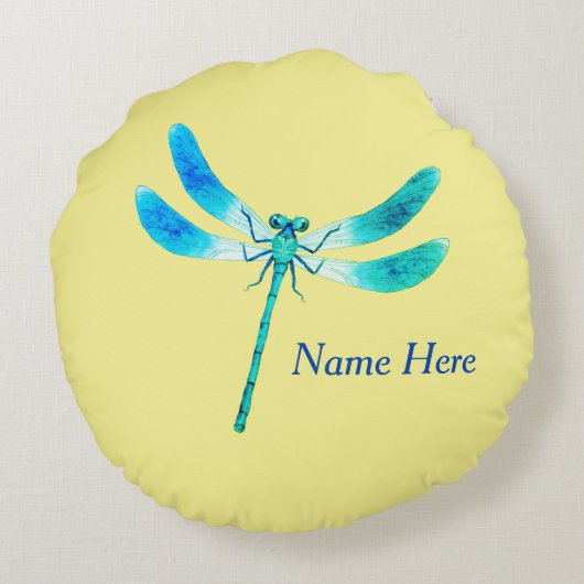 Coussins Ronds Mignonne comme Bleu Boeuf Dragonfly vert sur Jaune (Dos)