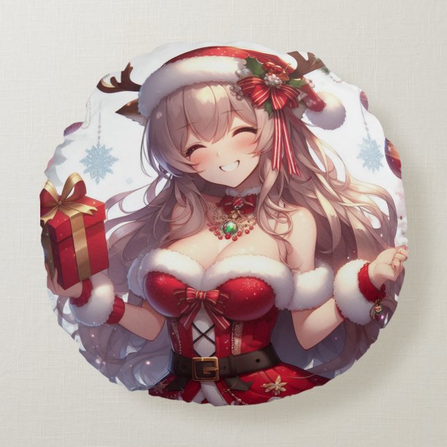 Coussins Ronds mignonne fille de Noël anime (Devant)