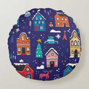 Coussins Ronds Mignonnes maisons de Noël plats illustrations vint