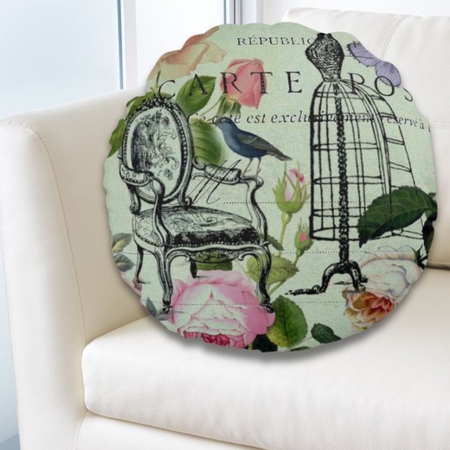 Coussins Ronds minder vintage french rose butterfly paris (mint modern vintage french rose butterfly paris round pillow)