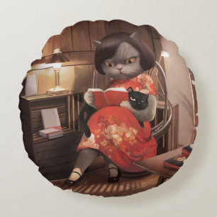 Coussins Ronds Miss Meow - Heure Vintage de lecture de chats