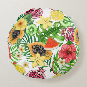 Coussins Ronds Mix-fruit tropical, fleurs et feuilles sur blanc