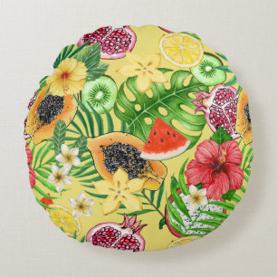 Coussins Ronds Mix-fruit tropical, fleurs et feuilles sur jaune
