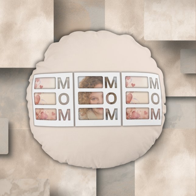 Coussins Ronds Modern 3 Photo Grid Mom Birthday Keepsake (Créateur téléchargé)