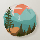 Coussins Ronds Modern Abstract Forest, Mountains, and Sunrise (Dos)