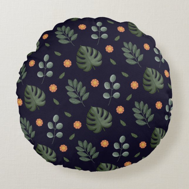 Coussins Ronds Modern Navy Blue Botanical Leaf Round Pillow (Devant)