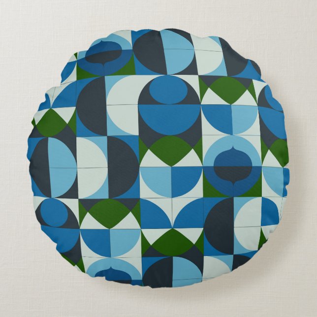 Coussins Ronds Moderne Abstrait Géométrique Bleu et Vert (Devant)