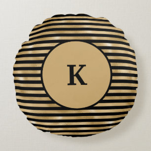 Coussins Ronds Moderne élégant rayé noir et or avec monogramme