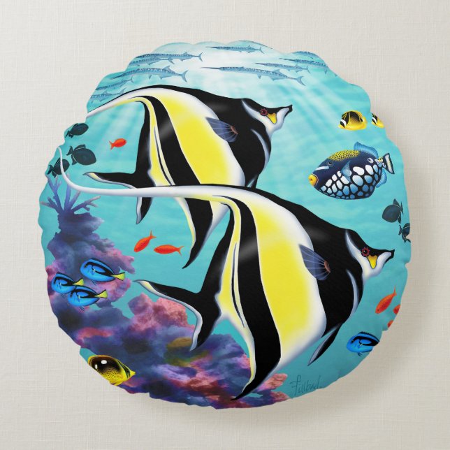 Coussins Ronds Molokini Cove Hawaiian Angel Poisson réversible (Devant)