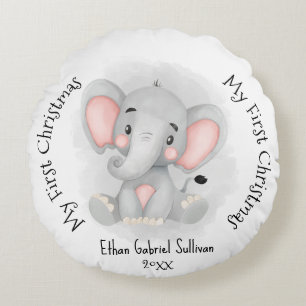Coussins Ronds Mon premier Noël personnalisé Nom éléphant Noël
