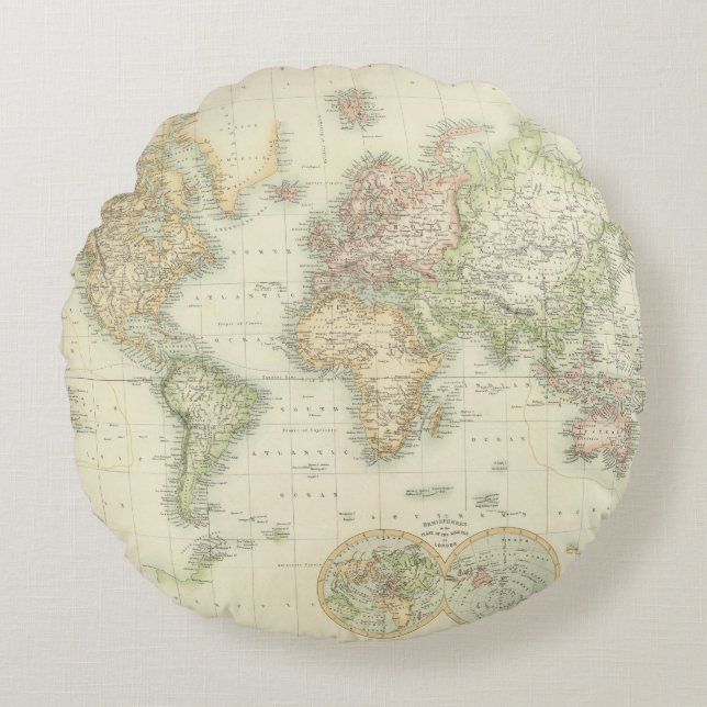 Coussins Ronds Monde sur la projection de Mercator (Devant)