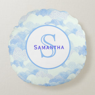 Coussins Ronds Mongramme de nuages Abstraits bleus et blancs text