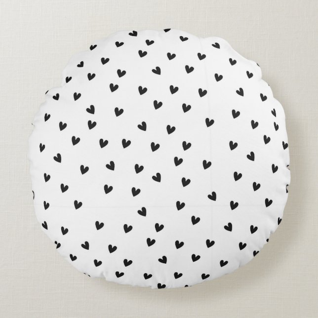 Coussins Ronds Monochrome Black and White Heart Pattern (Devant)