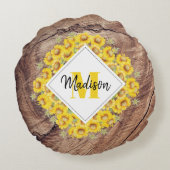 Coussins Ronds Monogram de Rustic Sunflowers & Wood Texture (Dos)