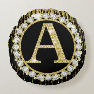 Coussins Ronds Monogramme à paillettes dorées et effet de goutte