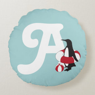 Coussins Ronds Monogramme Bleu Clair Pingouin Mignon Enfant qui N