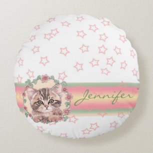 Coussins Ronds Monogramme Cute Kitten Floral Rose Star