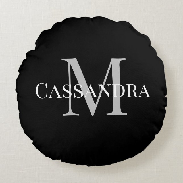Coussins Ronds Monogramme de base couleur unie noir simple (Devant)