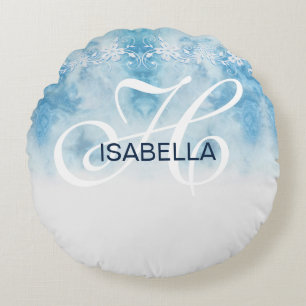 Coussins Ronds Monogramme de calligraphie de script d'hiver bleu 
