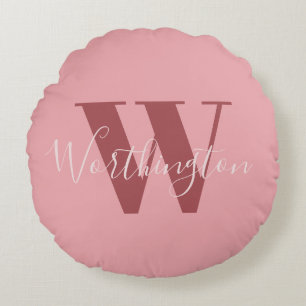 Coussins Ronds Monogramme de fille et nom rose roux