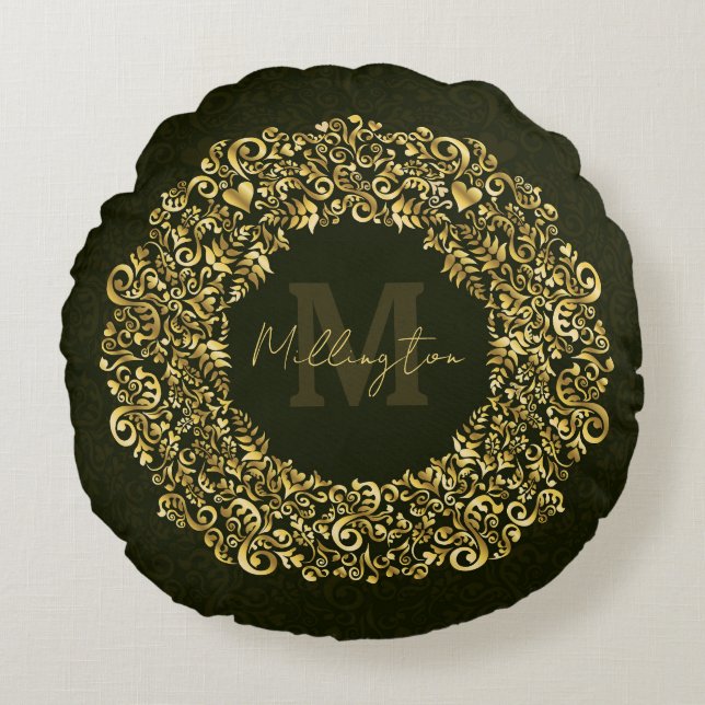 Coussins Ronds Monogramme de luxe Gold Damask (Devant)