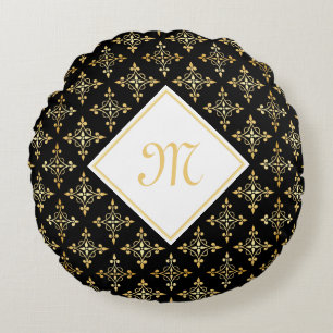 Coussins Ronds Monogramme de luxe Noir et Or Quatre Floral