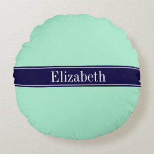 Coussins Ronds Monogramme de nom avec ruban bleu marine et menthe