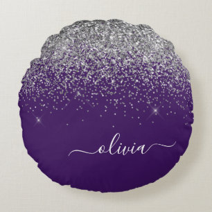 Coussins Ronds Monogramme de Parties scintillant d'argent violet 