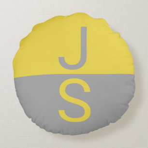 Coussins Ronds Monogramme d'initiales modernes jaune et gris