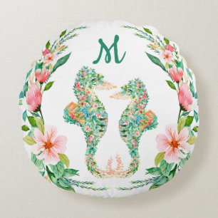 Coussins Ronds Monogramme du Couple Hippocampe Floral Tropical