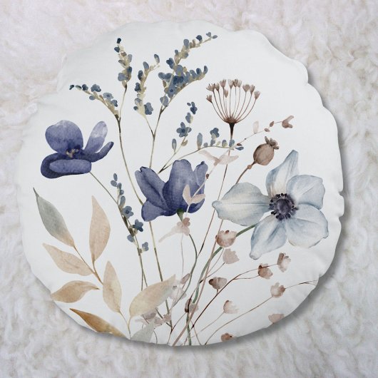 Coussins Ronds Monogramme Elegant Chic Aquarelle Bleu Flower