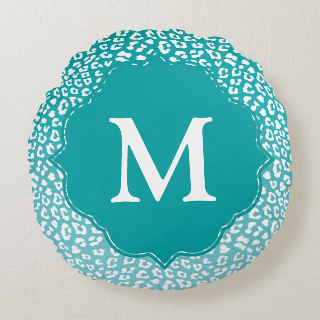 Coussins Ronds Monogramme Empreinte de léopard Turquoise (Devant)