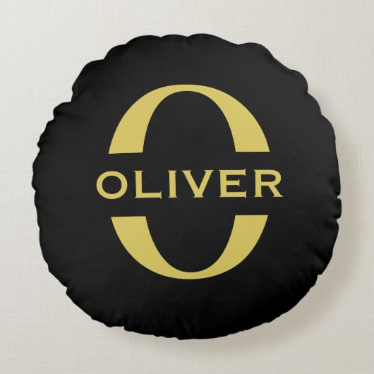 Coussins Ronds Monogramme Et Nom Noir Et Or Personnalisés (Devant)