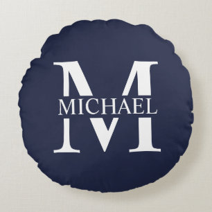 Coussins Ronds Monogramme et nom personnalisés bleu marine