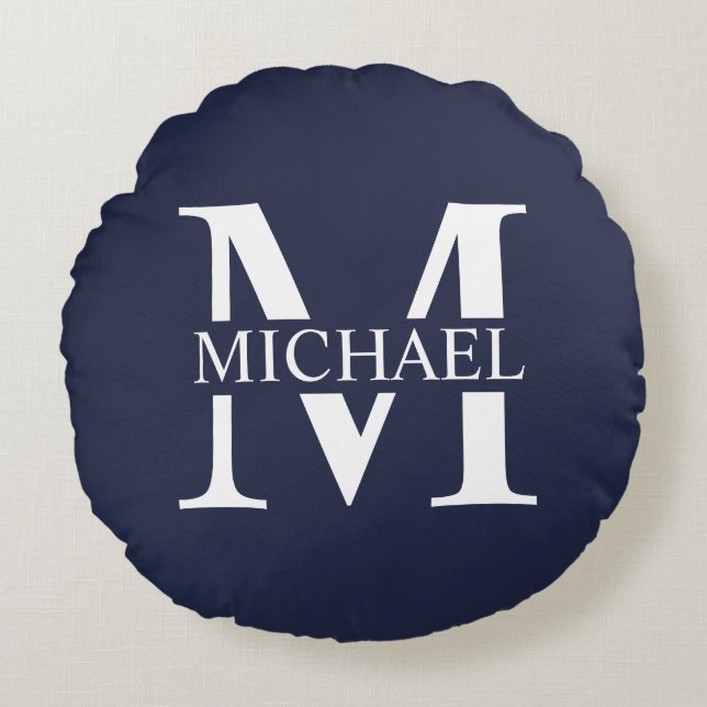 Coussins Ronds Monogramme et nom personnalisés bleu marine (Devant)