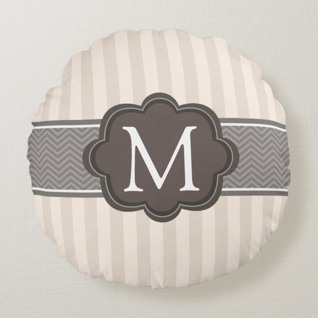 Coussins Ronds Monogramme fait sur commande Brown de rayures (Devant)