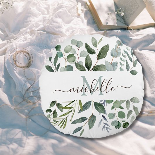 Coussins Ronds Monogramme feuilles de verdure d'eucalyptus vert s
