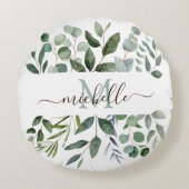 Coussins Ronds Monogramme feuilles de verdure d'eucalyptus vert s (Devant)