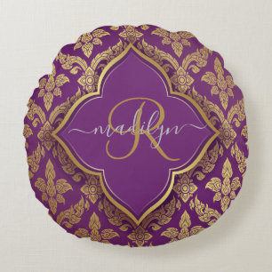 Coussins Ronds Monogramme Fleur de motif damassé or pourpre royal