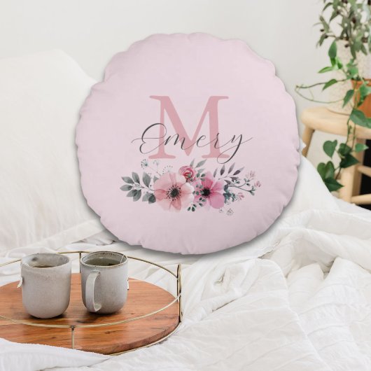 Coussins Ronds monogramme floral botanique chic rose