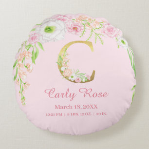 Coussins Ronds Monogramme Floral Fille Statistiques de Naissance