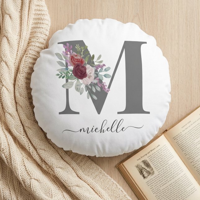 Coussins Ronds Monogramme Floral Initial Nom Moderne (Créateur téléchargé)