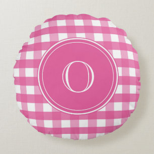 Coussins Ronds Monogramme Fuchsia rose et blanc En vichy
