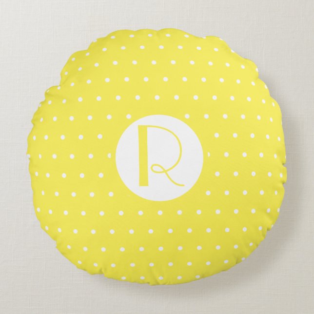 Coussins Ronds Monogramme initial Pois jaune vif (Devant)