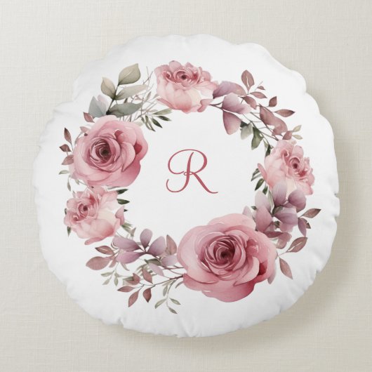 Coussins Ronds Monogramme Initial Roses Roses Fleurs Vertes Aquar (Devant)