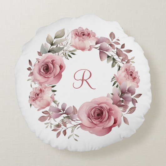 Coussins Ronds Monogramme Initial Roses Roses Fleurs Vertes Aquar (Dos)