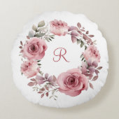 Coussins Ronds Monogramme Initial Rosier Rose Vert Feuillage Aqua (Devant)