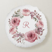 Coussins Ronds Monogramme Initial Rosier Rose Vert Feuillage Aqua (Dos)