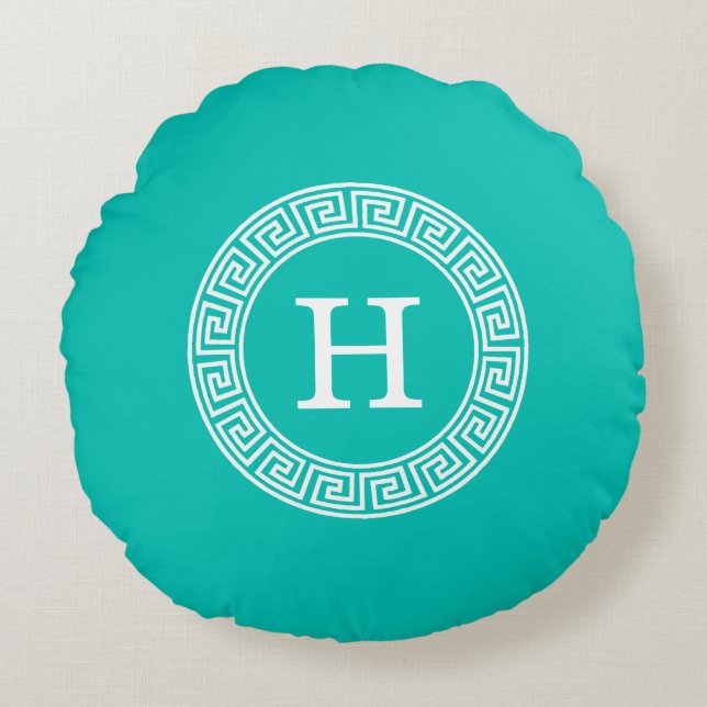 Coussins Ronds Monogramme initial turquoise Wht Key grecque (Devant)
