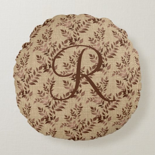 Coussins Ronds Monogramme initiale écriture Rose Marron Feuilles  (Devant)